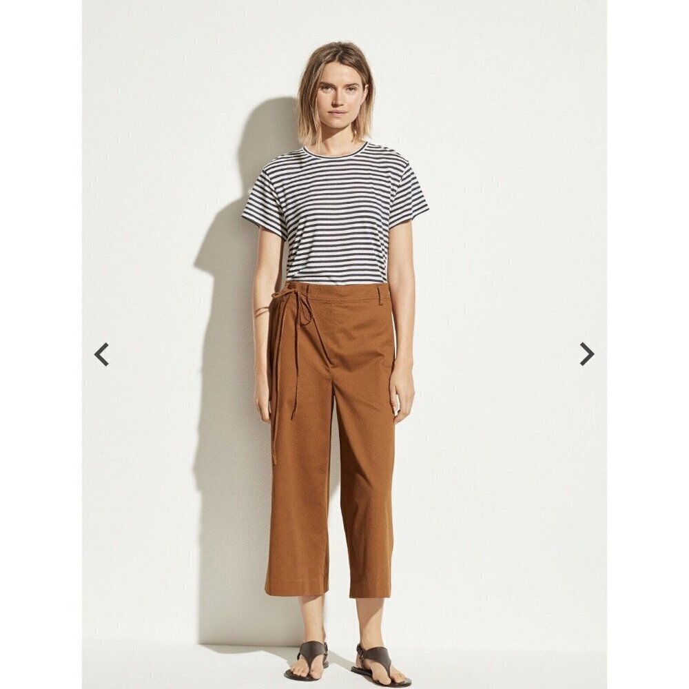 Vince Womens Tie Waist Culotte Pants Size 12 Teakwood Brown Wide Leg Crop NWT